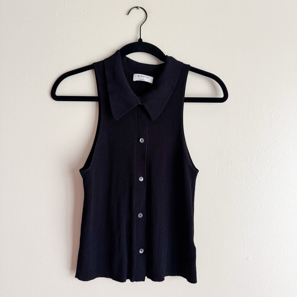 Babaton Black Ribbed Stovall Collared Button Up Tank Top Blouse Large